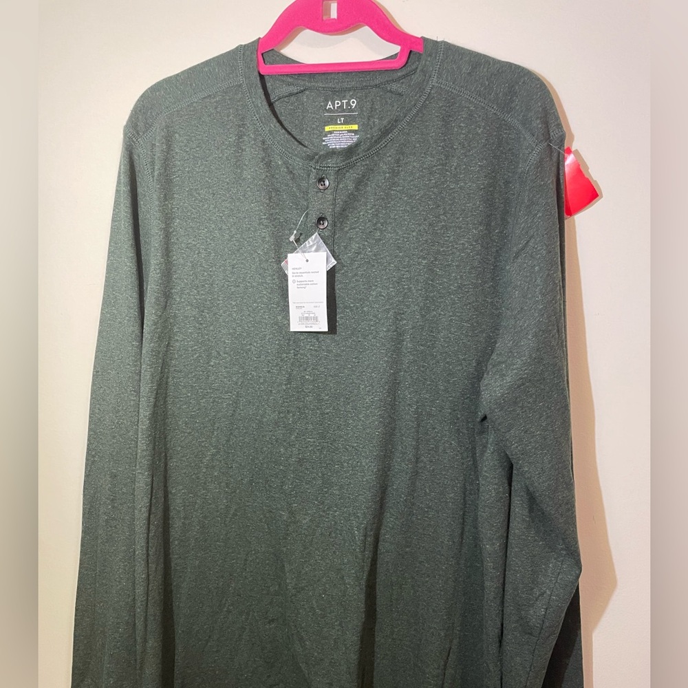 APT 9 MENS LT HUNTER GREEN HENLY SOFT FLEXIBLE LONG SLEEVE SHIRT W/ 3 BUTTONS